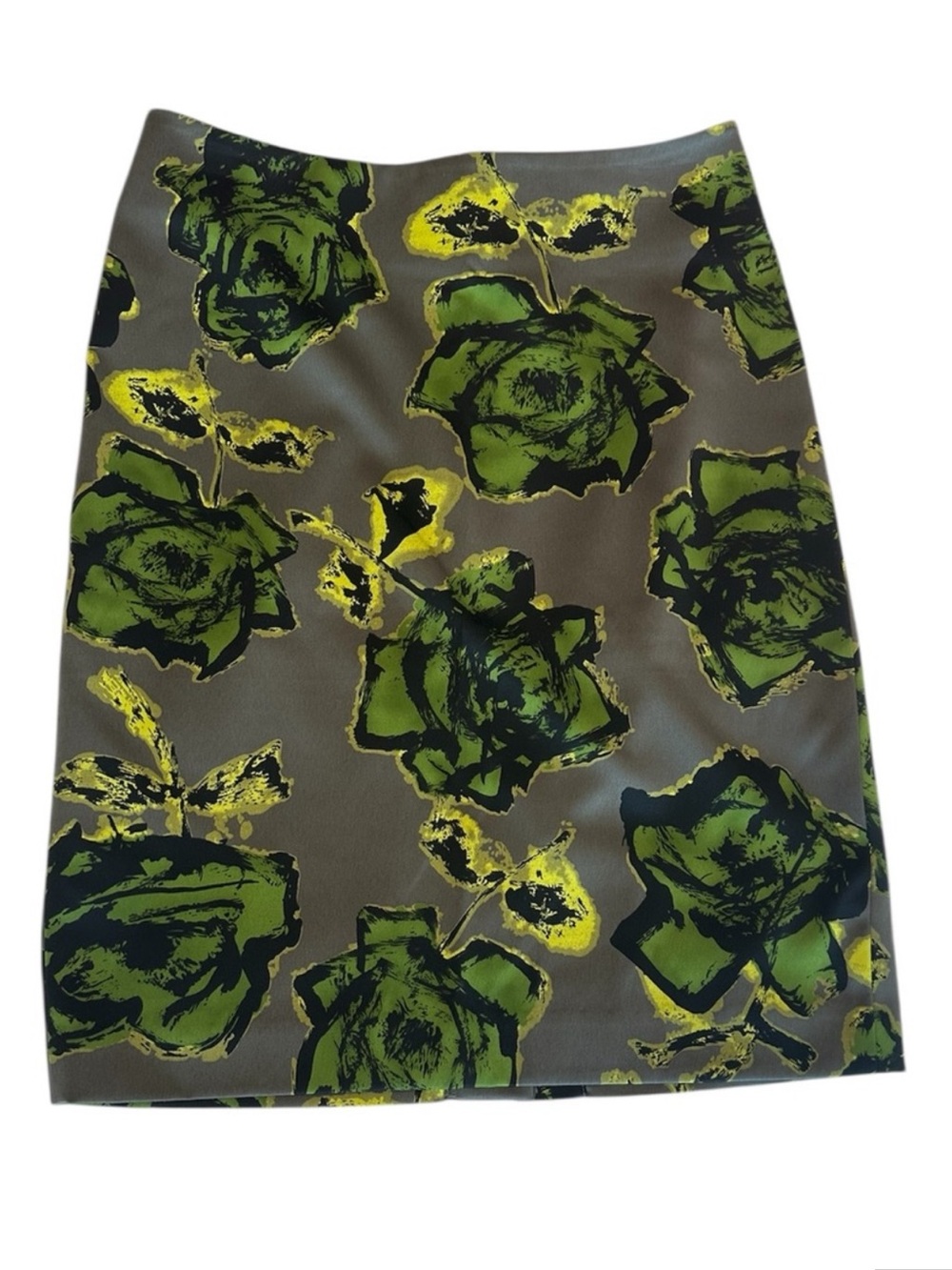 mac & jac Floral Print Pencil Skirt Grey with Green Black Yellow Print Size 6